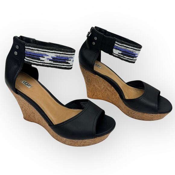 UGG Shoes - Ugg Black Leather Beaded Ankle Strap Cork Platform Wedge Sandals 8.5 Breathable